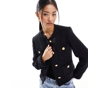Mango Black Tweed Jacket with Gold Buttons